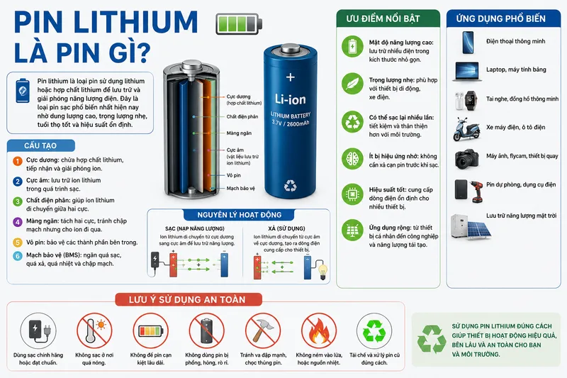Pin lithium là loại pin lưu trữ năng lượng phổ biến trong nhiều thiết bị hiện đại nhờ dung lượng tốt, trọng lượng nhẹ và khả năng sạc lại nhiều lần.
